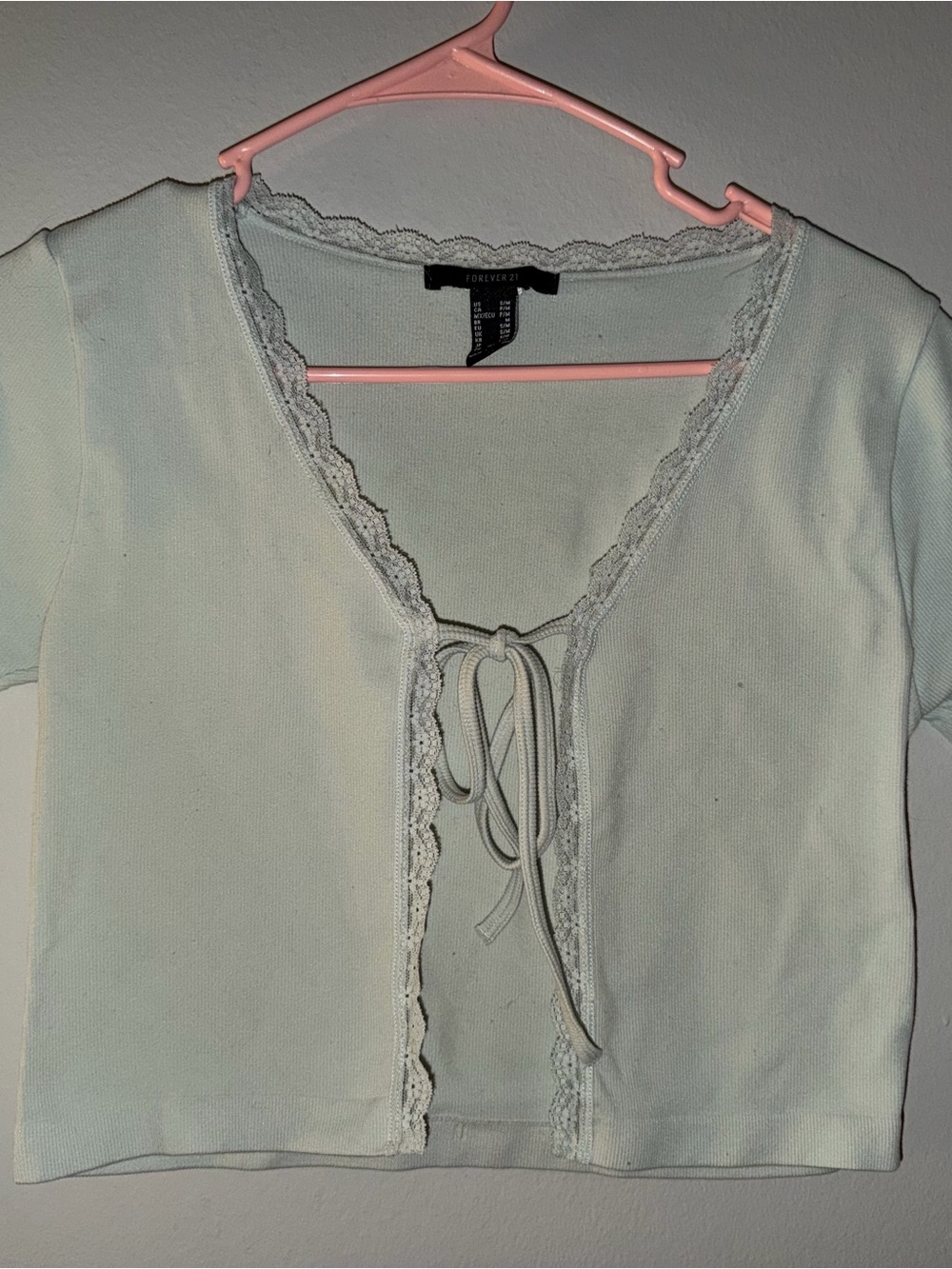Forever 21 light mint Lace-Trim Tie Front Crop Top